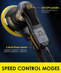 Close-up of Random Orbital Sander With 360W Brushless Motor 150mm Backing Plate 6 Variable Speeds Up To 10000 RPM with speed controls visible
