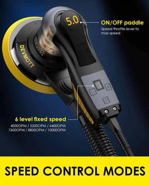 Close-up of Random Orbital Sander With 360W Brushless Motor 150mm Backing Plate 6 Variable Speeds Up To 10000 RPM with speed controls visible