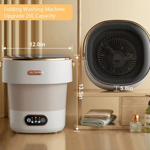 No Sweat Portable Washing Machine With Spin Basket 20 Liter Mini Washer, 12in x 13.5in x 5in, perfect for compact laundry spaces.