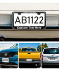 Customizable License Plate Frame For Cars Rust-Proof Aluminum Front Or Rear Mount Dope Silver Finish Includes Screws Add Your Text Or Design Durable Exterior Auto Accessory For Women And Men shown on various vehicles.