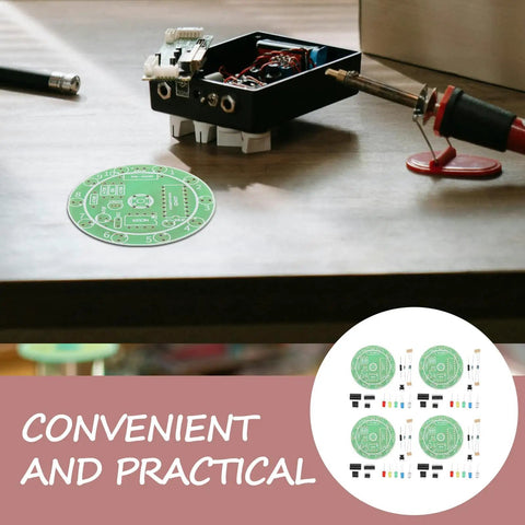 Beginner Soldering Practice Kit, 4 Pack DIY Electronics Training Boards on a workshop table with soldering tools