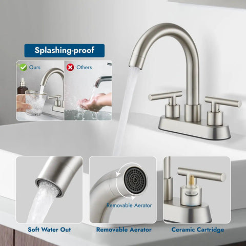 4 Inch Centerset Bathroom Faucet With Double Handles, Brushed Nickel Finish, 360 Degree Swivel Spout in action, close-up