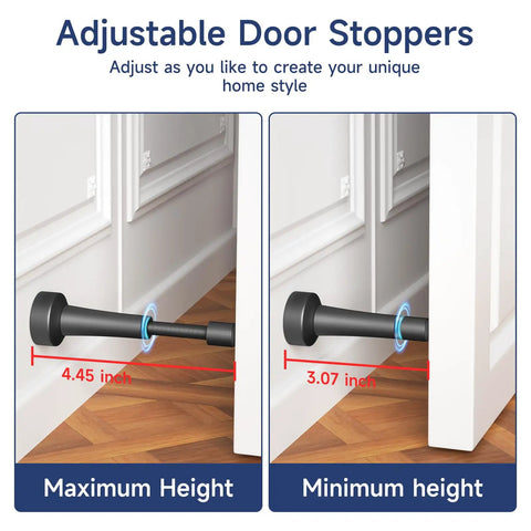 Adjustable Door Stoppers With Heavy Duty Aluminum Body And Thick Frosted Silicone at maximum and minimum heights for custom use.