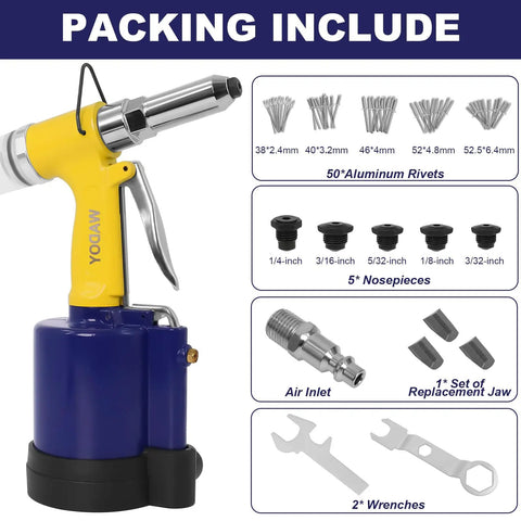 Heavy Duty Air Rivet Gun With Fifty Pop Rivets And Five Swappable Nosepieces Built For Auto And Marine Gear Pulls Heavy Loads Without Breaking A Sweat Or Ripping Your Nails Off