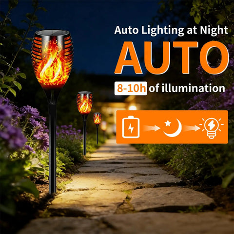 Solar Torch Light With Waterproof Outdoor Design Dusk To Dawn Auto On Off Flickering Flame Effect In Orange Glow installed along garden pathway