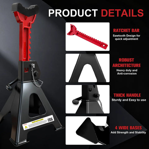 USYATO 6-Ton jack stands (1 pair) with red ratchet bar, black base, and wide feet.