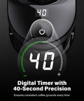 Digital display showing 40-second timer on Hella Consistent Grind Flat Burr Coffee Bean Crusher for precise brewing.