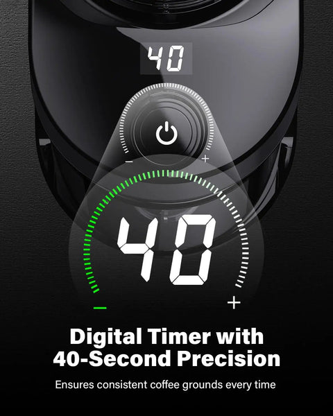 Digital display showing 40-second timer on Hella Consistent Grind Flat Burr Coffee Bean Crusher for precise brewing.