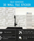DIY Friendly Peel And Stick Kitchen Backsplash Tiles 12x12 Premium 3D Wall Tiles 10 Sheets shown as self-adhesive in kitchen