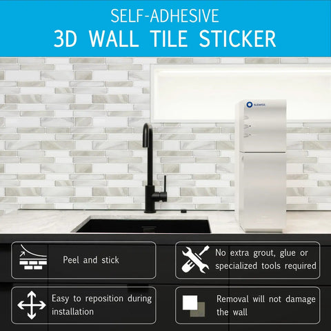 DIY Friendly Peel And Stick Kitchen Backsplash Tiles 12x12 Premium 3D Wall Tiles 10 Sheets shown as self-adhesive in kitchen
