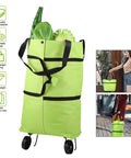 2 In 1 Foldable Shopping Cart With Wheels And Waterproof Tote, shown holding groceries, in bright green color with black straps
