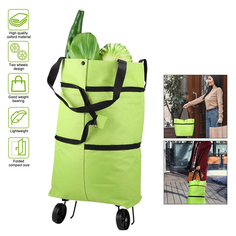 2 In 1 Foldable Shopping Cart With Wheels And Waterproof Tote, shown holding groceries, in bright green color with black straps