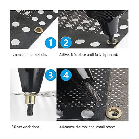 Images illustrating installation steps for Get Your Hands On These Hot 10 Flat Head Threaded Insert Nuts In Sizes M3 To M12 Featuring Zinc Plated Carbon Steel For Serious Strength And A Knurled Body That Slams Into Place Without Spinning Around Like Crazy.