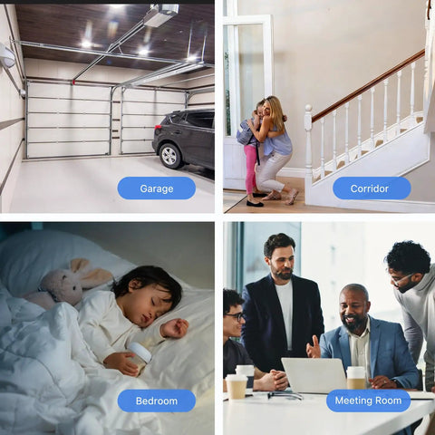 Presence Sensor With 60GHz MmWave Radar USB C Powered RGB Status Light Illumination Sensor Zigbee Repeater Compatible With Home Assistant ZHA Z2M And SmartThings shown in garage, corridor, bedroom, meeting room