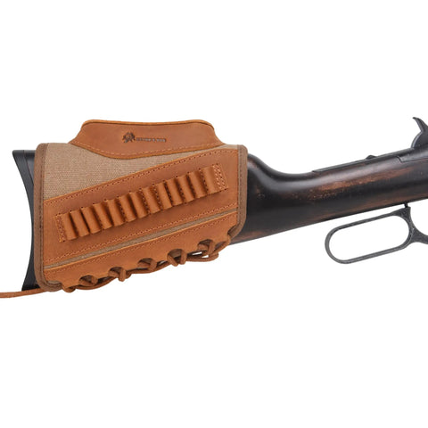 Rugged Leather And Canvas Gun Buttstock Cheek Rest Riser With Shell Holder For Scoped Rifle Brown Color One Inch Cheek Pad