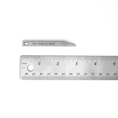 Beefy Heavy Duty Keychain Pry Bar For Everyday Carry next to a ruler, showcasing size and stainless steel material.