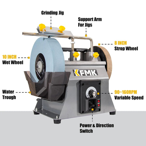 Top Shelf 10 Inch Wet Bench Grinder With Variable Speed And Slick Water Cooled Design For Knives Chisels Scissors And Wood Tools showing key features.