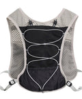 Back view of hydration running vest with 5L capacity, reflective water backpack for running with mesh panels and adjustable straps.