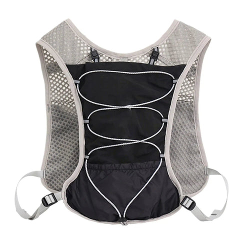 Back view of hydration running vest with 5L capacity, reflective water backpack for running with mesh panels and adjustable straps.