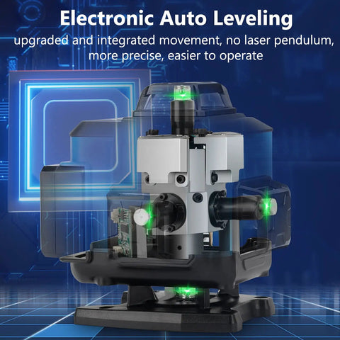 Green Beam 16 Lines Laser Level With Self Leveling, 150ft Range, 360 Degree Lines, interior view, electronic auto leveling
