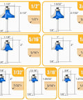 Top Shelf 7 Piece 1/4 Inch Shank Roundover Router Bit Set featuring dimensions for clean woodworking edges.