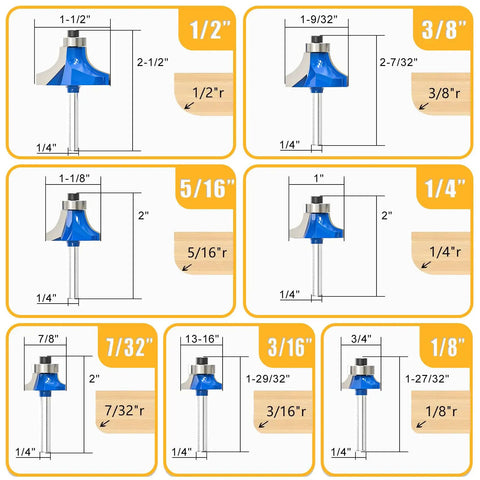 Top Shelf 7 Piece 1/4 Inch Shank Roundover Router Bit Set featuring dimensions for clean woodworking edges.