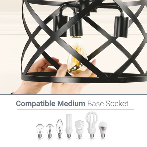 Hands assembling 3 Light Pendant Fixture With 3 X 600 Lumen LED Bulbs Included, Vintage Farmhouse Industrial Metal X Cage Design.