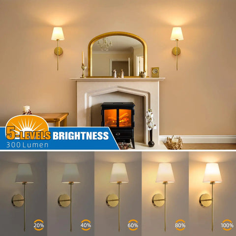Gold Wireless Wall Sconces Set Of Two With Rechargeable Led Lights Remote Dimmable Switch Ten Adjustable Color Modes Zero Wiring No Fuss Setup Straight Up Game Changer For Cozy Living Room Vibes, installed beside a fireplace.