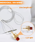 Air Tank Drain Valve Plug Fitting with Sixty Inch Cable Brass Construction Quarter Inch NPT for air compressors and semi truck air brake reservoirs, shown with dimensional drawing