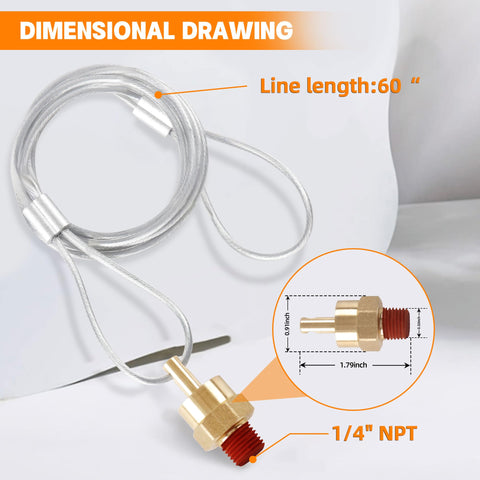 Air Tank Drain Valve Plug Fitting with Sixty Inch Cable Brass Construction Quarter Inch NPT for air compressors and semi truck air brake reservoirs, shown with dimensional drawing