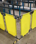 Heavy Duty Expandable Mobile Barricade With Quick Fold Portable Pedestrian Barrier Gates For Shopping Malls Bus Terminals And Escalator Safety Lines 4 Panel Crowd Control Stanchion Fence in yellow setup at a venue.