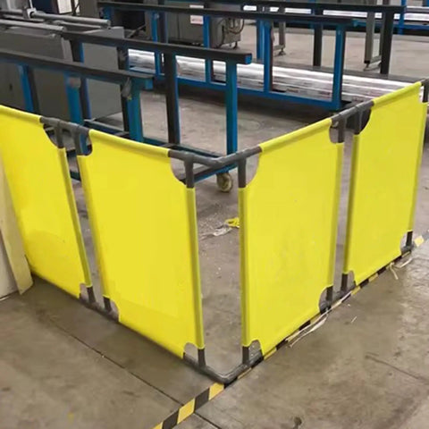 Heavy Duty Expandable Mobile Barricade With Quick Fold Portable Pedestrian Barrier Gates For Shopping Malls Bus Terminals And Escalator Safety Lines 4 Panel Crowd Control Stanchion Fence in yellow setup at a venue.