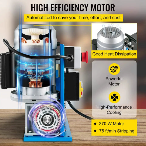 Automatic Wire Stripping Machine With 370W Motor Delivers Fast Copper Cable Stripping From 0.06 Inch To 1.5 Inch Up To 98 Feet Per Minute 11 Channels 10 Blades Ideal For Scrap Recycling And Save You Time On Cable Prep showing high-efficiency motor details.