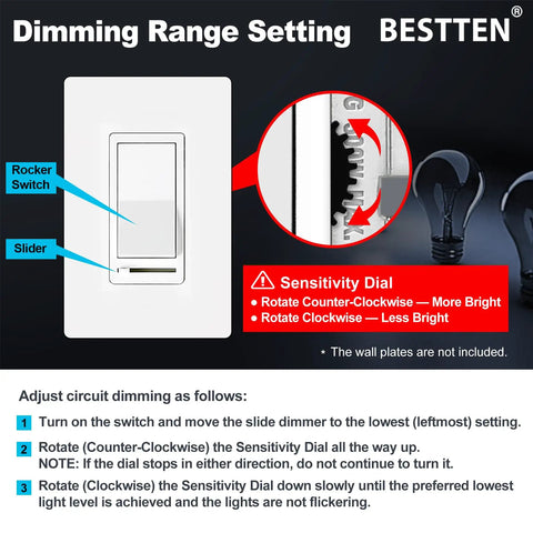 Five Pack Dimmer Switches For Single Pole Or 3 Way Installations, Universal Compatibility With Dimmable LED CFL Incandescent And Halogen Bulbs, No Neutral Wire Needed, 120VAC UL Listed, White Slide Dimmer With Side Adjustment For Flicker Fix, showing dimming range setting and sensitivity dial instructions.