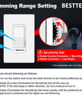 Slide Dimmer Light Switch For Single Pole Or 3 Way Wiring, Works With Dimmable LED CFL Incandescent And Halogen, No Neutral Required, 120V UL Listed White showing dimming range setting and sensitivity dial instructions.