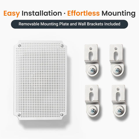 Rugged Outdoor IP67 Junction Box Waterproof Electrical Enclosure with mounting plate and wall brackets, top view.