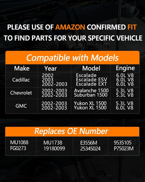 Compatibility list for Drop-In Direct Fit Electric Fuel Pump Module Assembly Replacement For 2002-2003 GM SUVs and trucks.