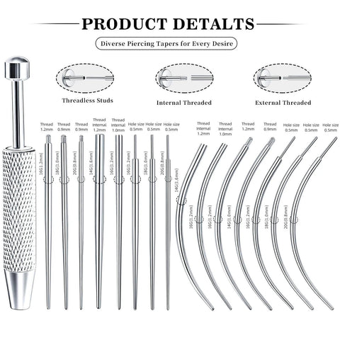 Pro Piercing Taper Kit With Ball Grabber Tool Stainless Steel Flat Back Earring Applicator Threadless Insertion Pin 14G 16G 18G 20G
