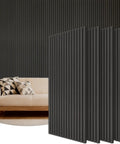 Heavy Duty Rock Solid Wood Veneer Wall Panels with Game Changing Acoustic Treatment and Superior Sound Dampening for Bedroom or Studio Setup 4 Pack 47.2 X 23.6 Inch Acoustic Panels in a living room setting.