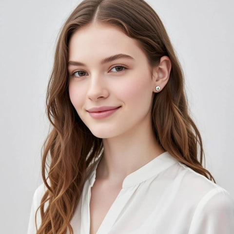 White Gold Ball Stud Earrings 6mm Set With Real 14K Gold, Ultra Bright High Polish Mirror Finish That Refracts Light, Tarnish Resistant, Secure Push Back Closures, Everyday Sparkle That Looks Dope For Work Or Night Out on model