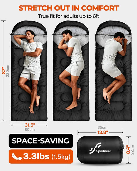 All Season Sleeping Bag For Adults And Kids Waterproof And Lightweight Compact Camping Gear shown in use by adult