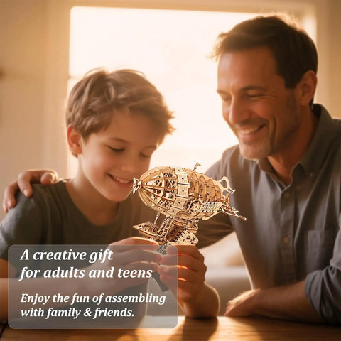 Father and son assembling 3D Wooden Airship Puzzle Kit for Adults and Teens I Hands-On DIY Model, no glue needed.