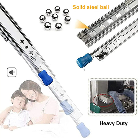 Close-up of Top Shelf Heavy Duty Telescopic Drawer Runners With Secure Lock, steel construction, displaying smooth ball bearings and blue handles.