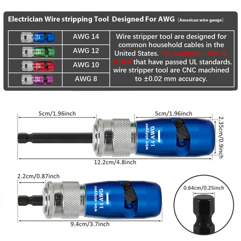 Straight Up Awg14 Wire Stripper And Twister Tool For Electric Drill Adjustable US Cable Accessory side view with specifications.
