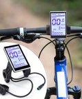 Universal LCD Bike Display Panel For 24V 36V 48V 60V E Bikes And Scooters mounted on handlebars, clear digital readout