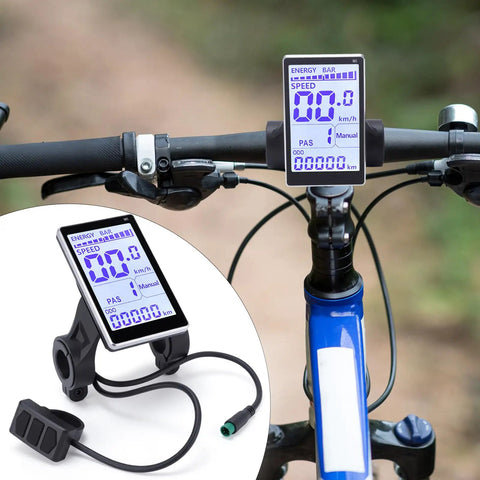 Universal LCD Bike Display Panel For 24V 36V 48V 60V E Bikes And Scooters mounted on handlebars, clear digital readout