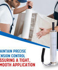 Manual Pallet Stretch Film Dispenser With Built In Cutter And Film Holder Handy Easy Assembly Adjustable For Multiple Roll Sizes Durable Shrink Wrap Tool For Fast Secure Pallet Wrapping in use on box