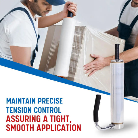 Manual Pallet Stretch Film Dispenser With Built In Cutter And Film Holder Handy Easy Assembly Adjustable For Multiple Roll Sizes Durable Shrink Wrap Tool For Fast Secure Pallet Wrapping in use on box