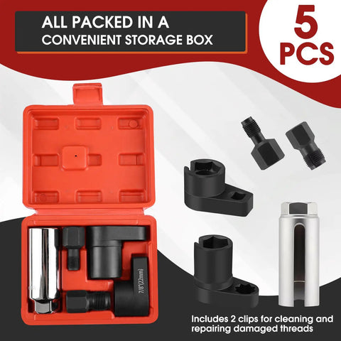 5-Piece Oxygen Sensor Socket Set with 7/8 Inch 22mm O2 Socket in red storage box, showing all components.