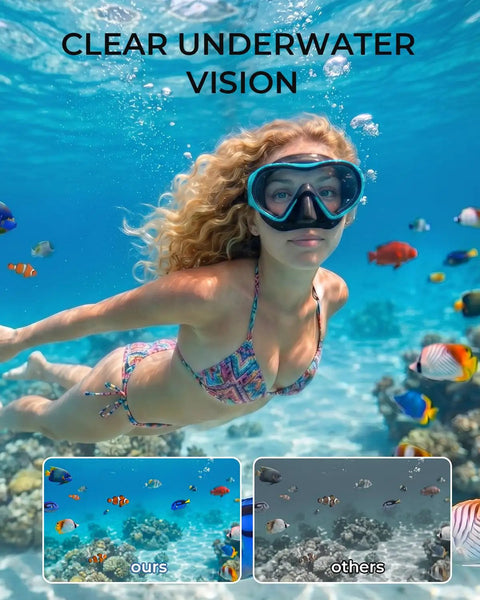 Woman wearing Snorkel Mask For Adults And Teens, Leak-Proof Swim Goggles with 180-Degree Panoramic View underwater, surrounded by fish.